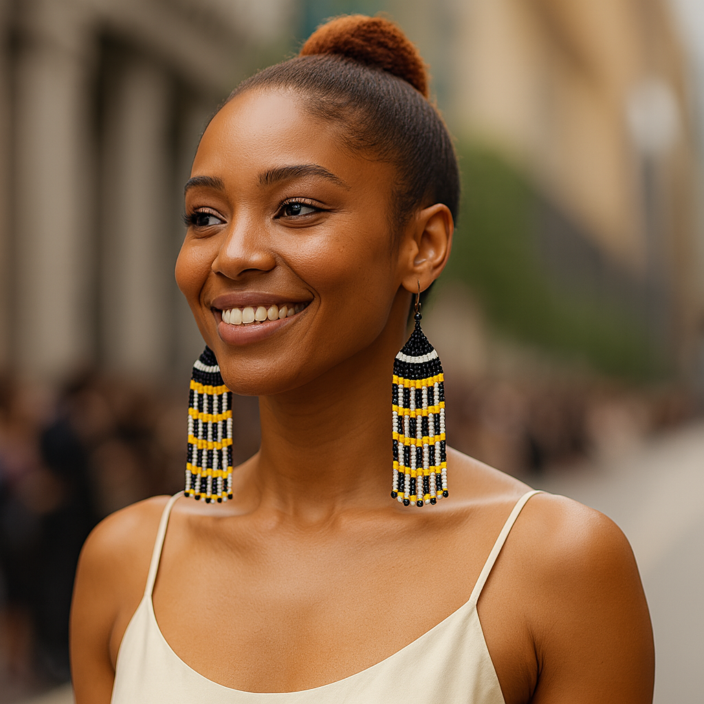 Dazzle Beaded Fringe Earrings – Bold Black, White & Yellow Statement Jewelry