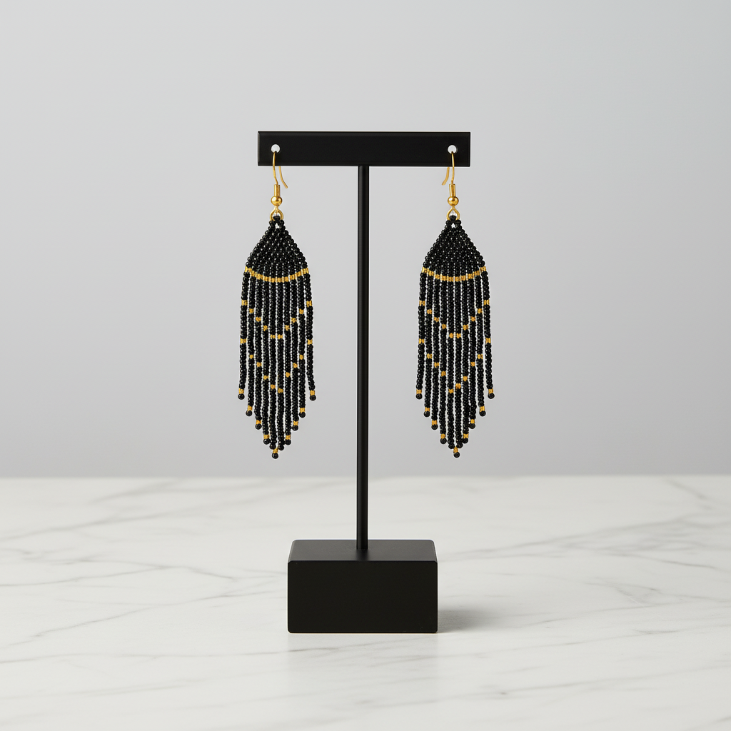 The Obsidian Earrings – Black & Gold Beaded Fringe