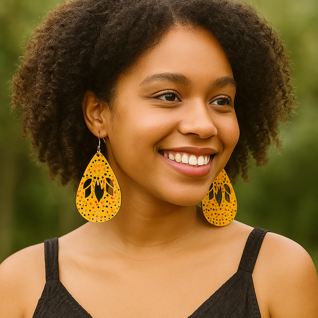 Golden Glow Teardrop Wood Earrings – Hand-Painted 3” Statement Earrings with Hypoallergenic Hooks