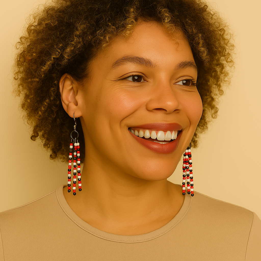 Suave Beaded Earrings – Black, Red & White | Handmade, Lightweight, Hypoallergenic Black Hooks