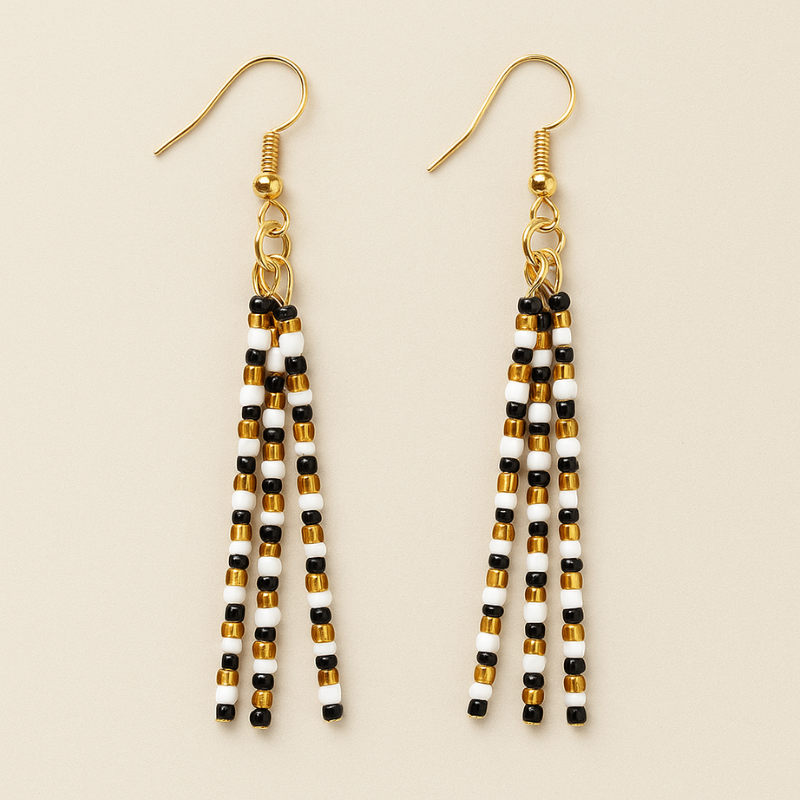 Golden Hour Beaded Earrings – Black, White & Gold | Handmade, Lightweight, Hypoallergenic Gold Hooks