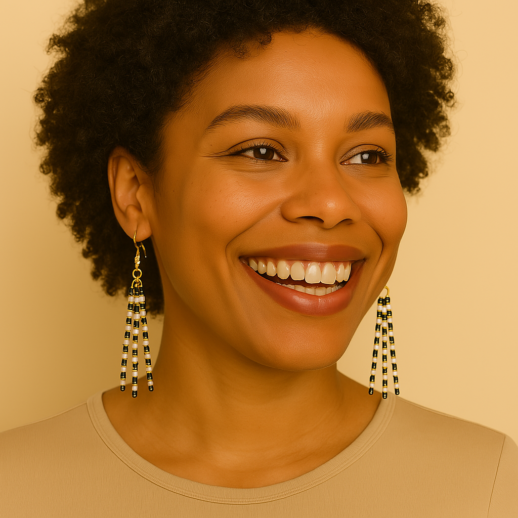 Golden Hour Beaded Earrings – Black, White & Gold | Handmade, Lightweight, Hypoallergenic Gold Hooks