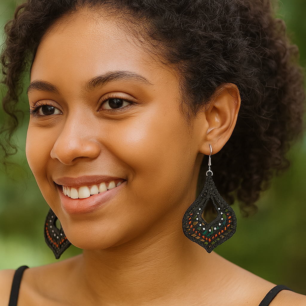Midnight Ember Teardrop Wood Earrings – with Orange & White Accents