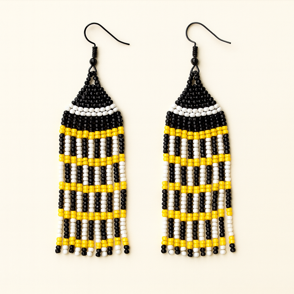 Dazzle Beaded Fringe Earrings – Bold Black, White & Yellow Statement Jewelry