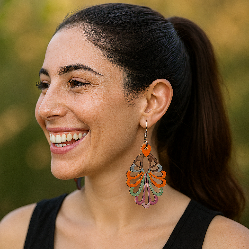 Levi Multicolor Fan Wood Earrings – Tribal Collection, Hypoallergenic Silver Hooks