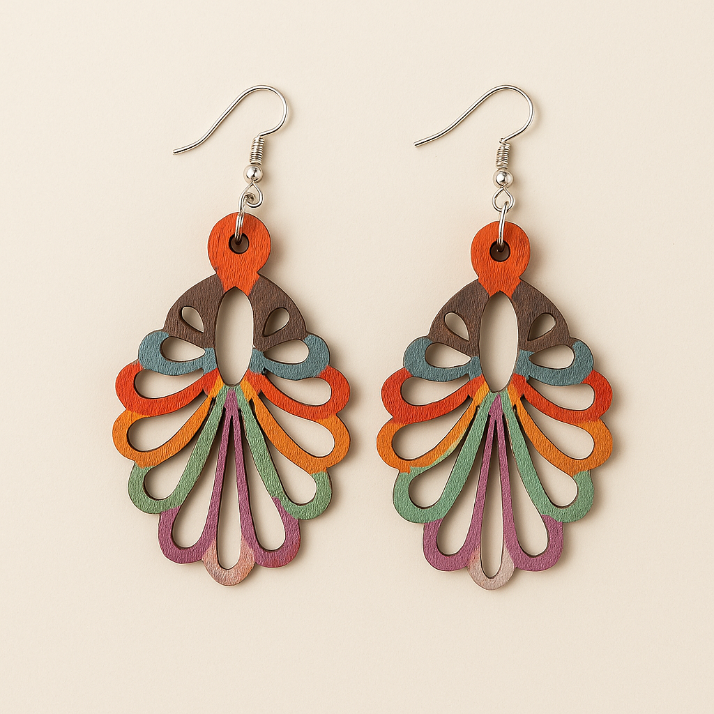 Levi Multicolor Fan Wood Earrings – Tribal Collection, Hypoallergenic Silver Hooks