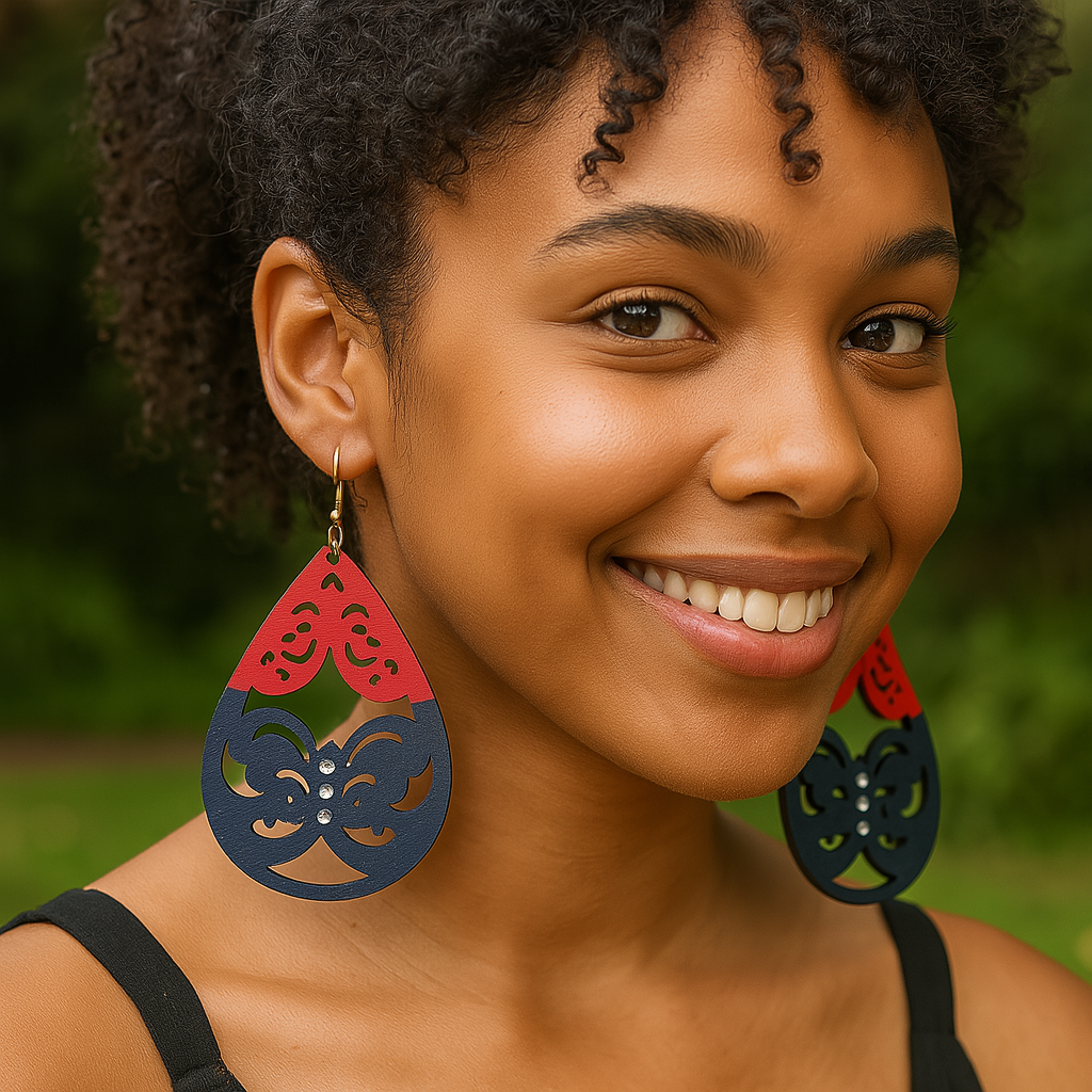 Midnight Bloom Teardrop Wood Earrings – Red & Navy 3” Statement Earrings with Rhinestones and Hypoallergenic Hooks