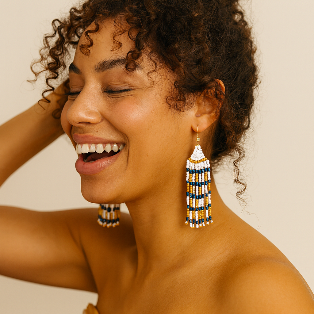 Aurora Beaded Fringe Earrings – White, Navy & Gold Statement Jewelry