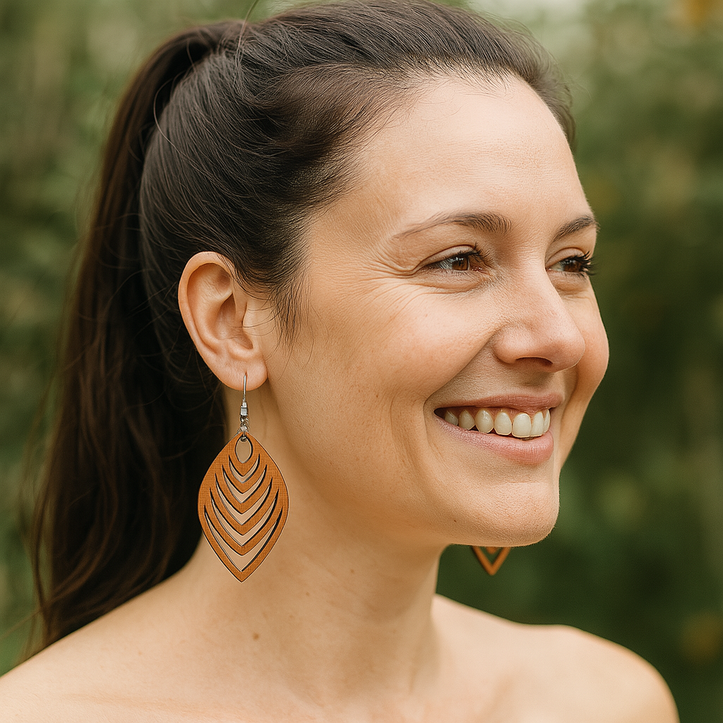 Rustic Bloom Layered Leaf Wood Earrings – with Hypoallergenic Hooks