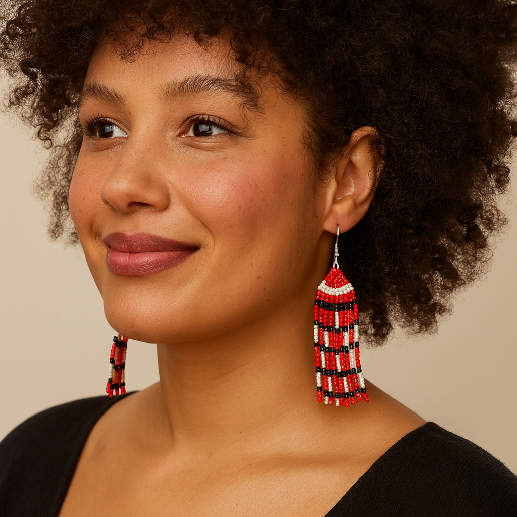 Crimson Edge Beaded Fringe Earrings – Red, Black & White Statement Jewelry