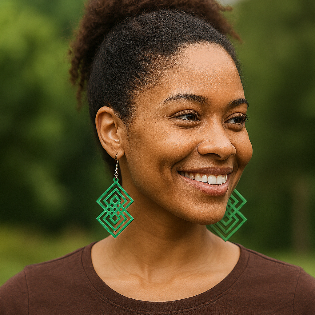Verdant Harmony Geometric Wood Earrings – Lightweight 3” Statement Dangles with Hypoallergenic Hooks