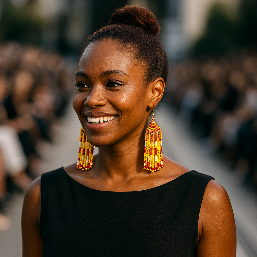 Blaze Beaded Fringe Earrings – Red, Yellow & White Statement Jewelry
