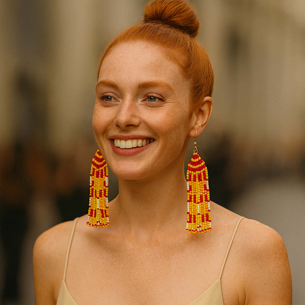 Blaze Beaded Fringe Earrings – Red, Yellow & White Statement Jewelry