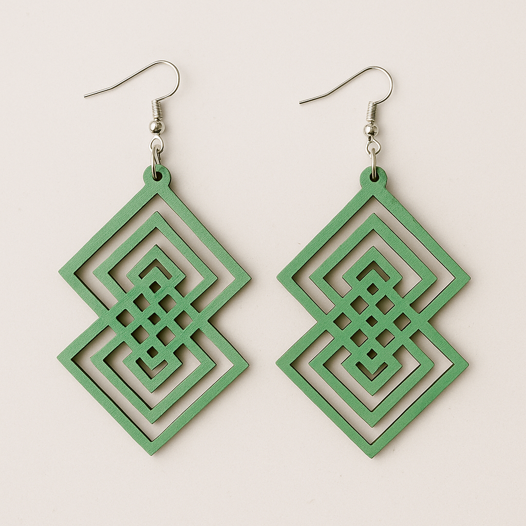 Verdant Harmony Geometric Wood Earrings – Lightweight 3” Statement Dangles with Hypoallergenic Hooks