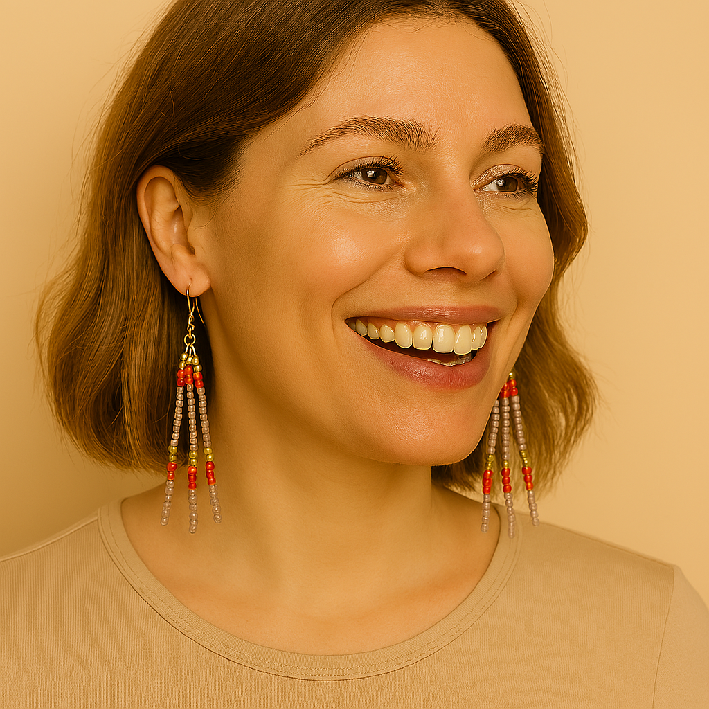 Blush Beaded Earrings – Light Grey, Red & Bronze | Handmade, Lightweight, Hypoallergenic Gold Hooks