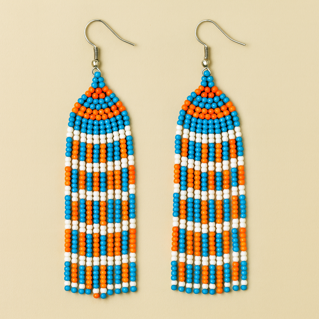 Tidal Flame Beaded Fringe Earrings – Orange, Blue & White Statement Jewelry