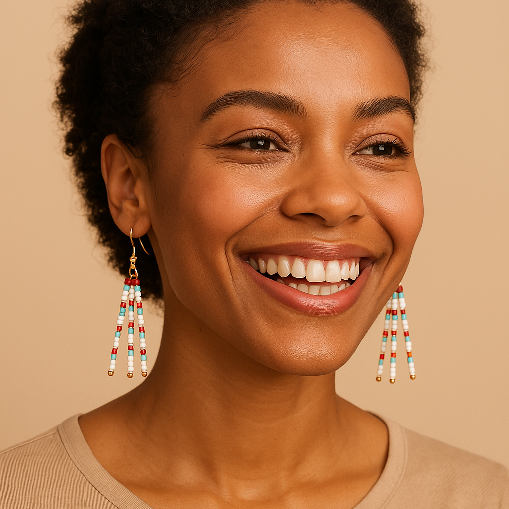 Bliss Beaded Earrings – Red, Blue, White & Bronze Long Dangle Earrings | Handmade, Lightweight, Hypoallergenic Gold Hooks