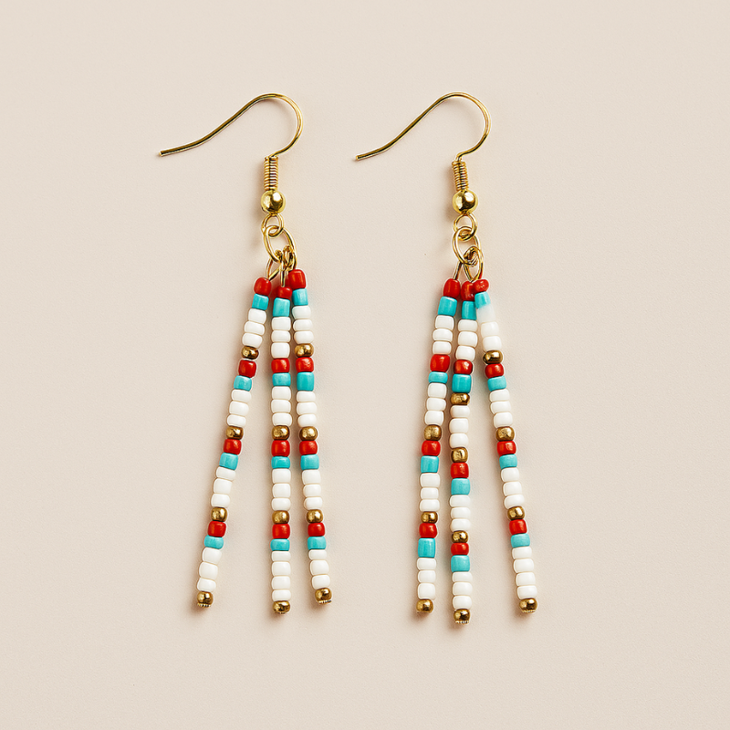 Bliss Beaded Earrings – Red, Blue, White & Bronze Long Dangle Earrings | Handmade, Lightweight, Hypoallergenic Gold Hooks