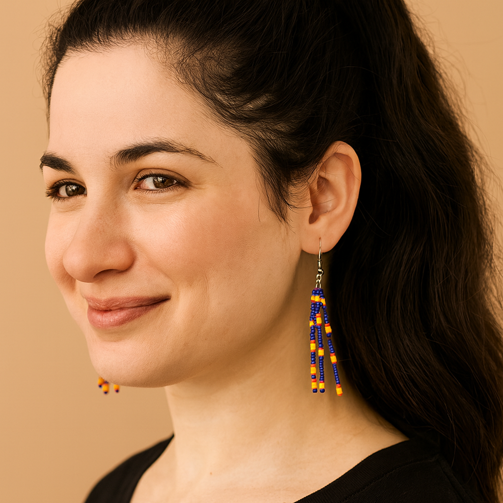 Royal Elegance Beaded Earrings – Navy Blue, Orange & Yellow | Handmade, Lightweight, Hypoallergenic Hooks