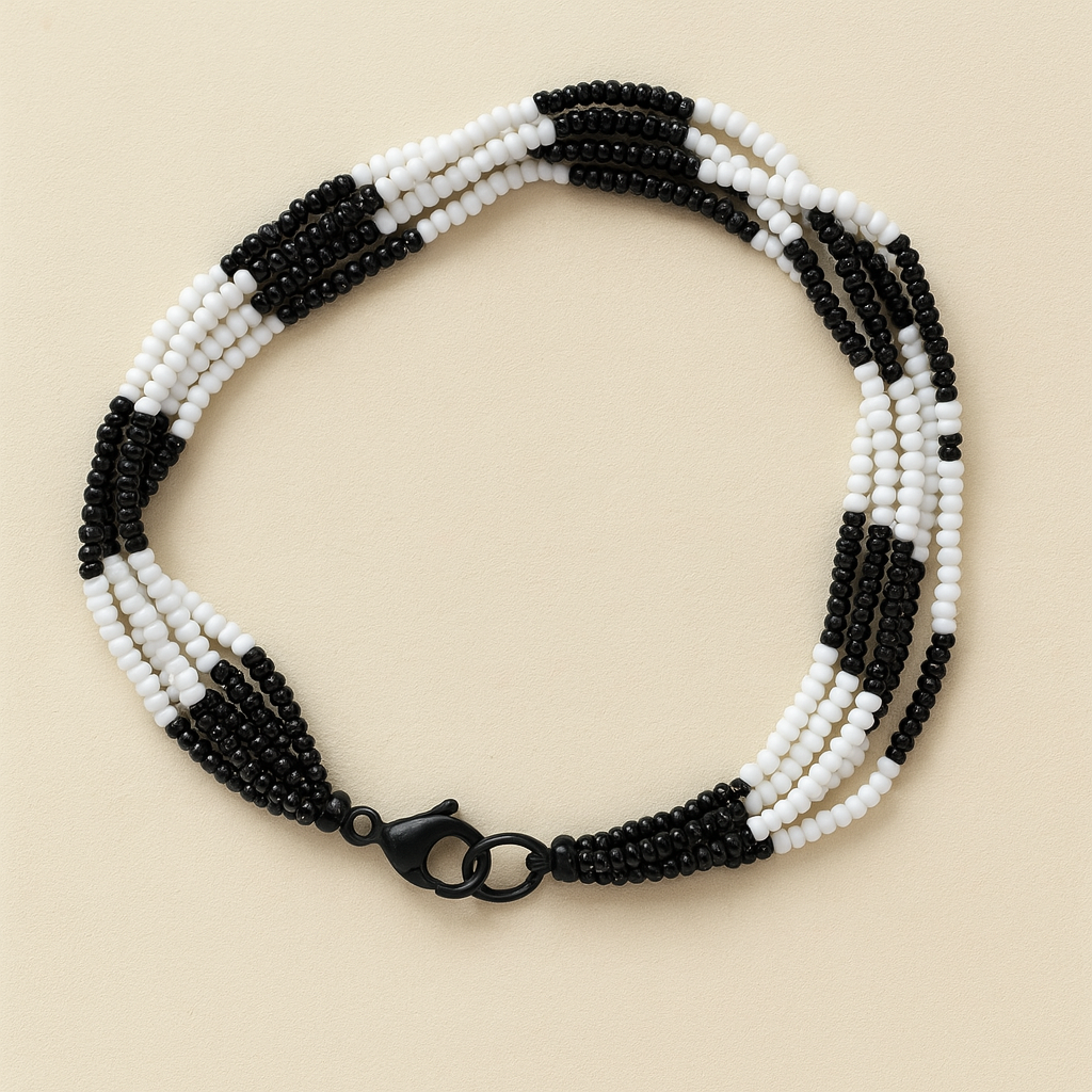 Midnight Harmony – Black & White Multi-Strand Beaded Bracelet