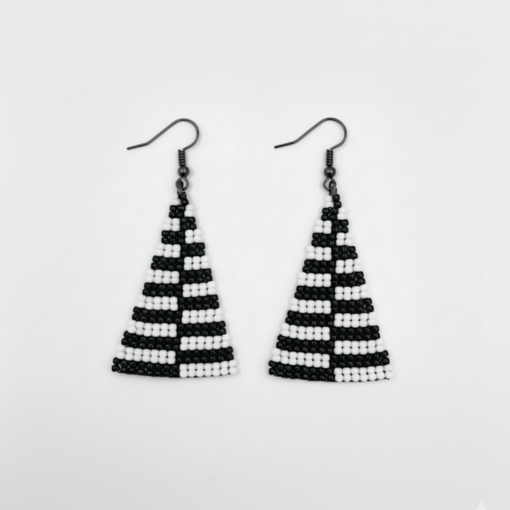 Graphite Triangle Earrings – Black & White Beaded Statement