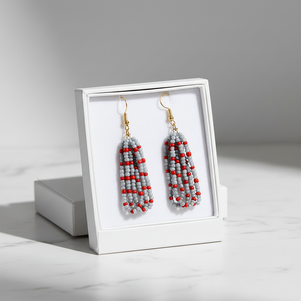 Gina Earrings – Gray & Red Fringe Elegance from the Genesis Collection