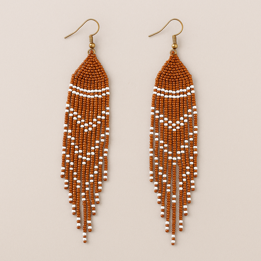 Earth Ember Beaded Fringe Earrings – 5” Handmade Statement Earrings