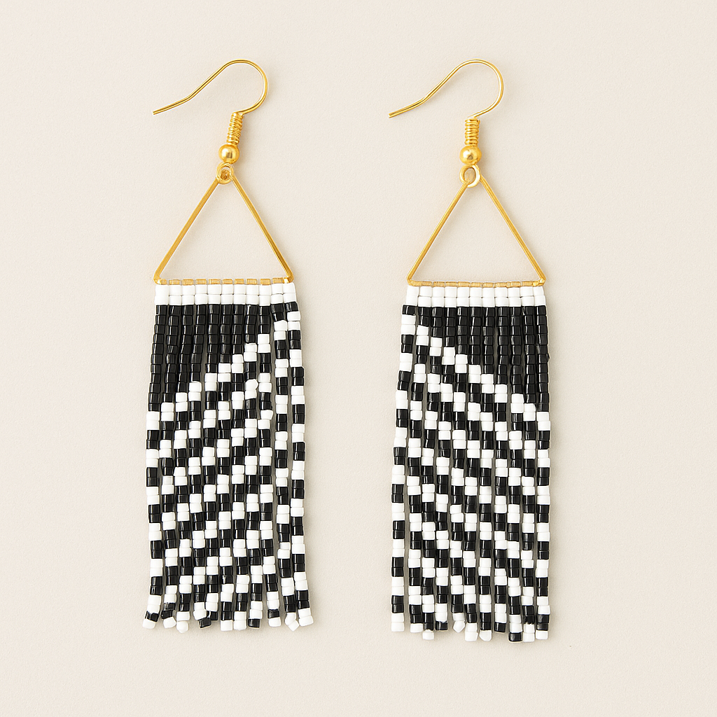 Monochrome Rhythm Fringe Earrings – Hand-Beaded Black & White Statement Dangles