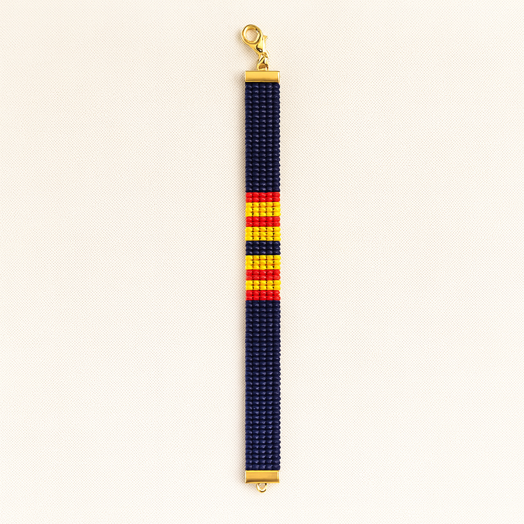 Vibrant Flame Beaded Bracelet – Navy Blue, Yellow & Red