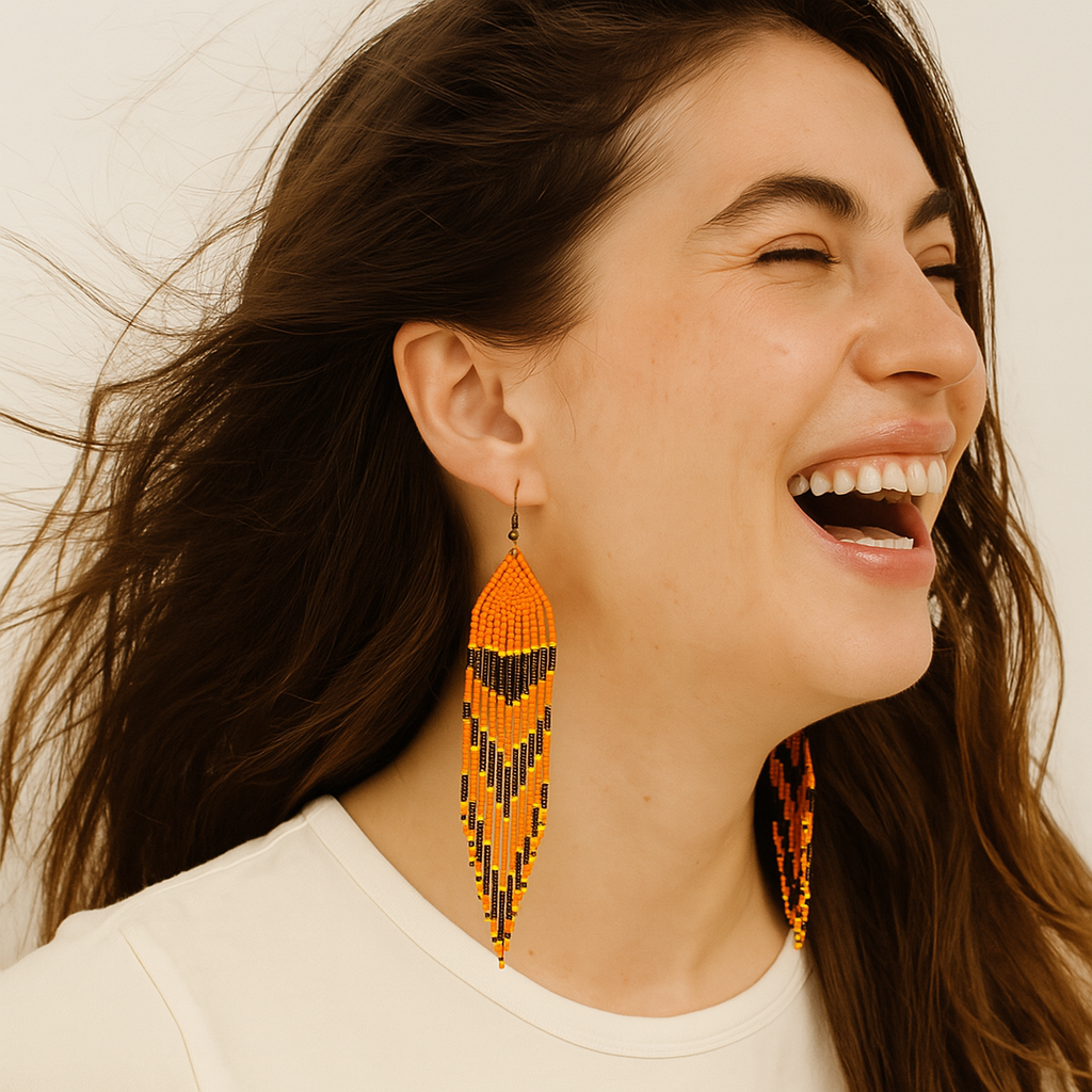 Sundown Ember Beaded Fringe Earrings – 5” Handmade Statement Earrings