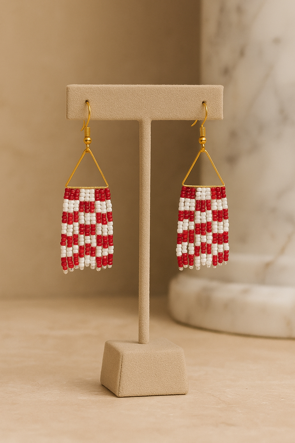 Checkerboard Fuchsia & Opaque White Fringe Beaded Earrings – Handcrafted Luxury Statement, 2.75 Inches