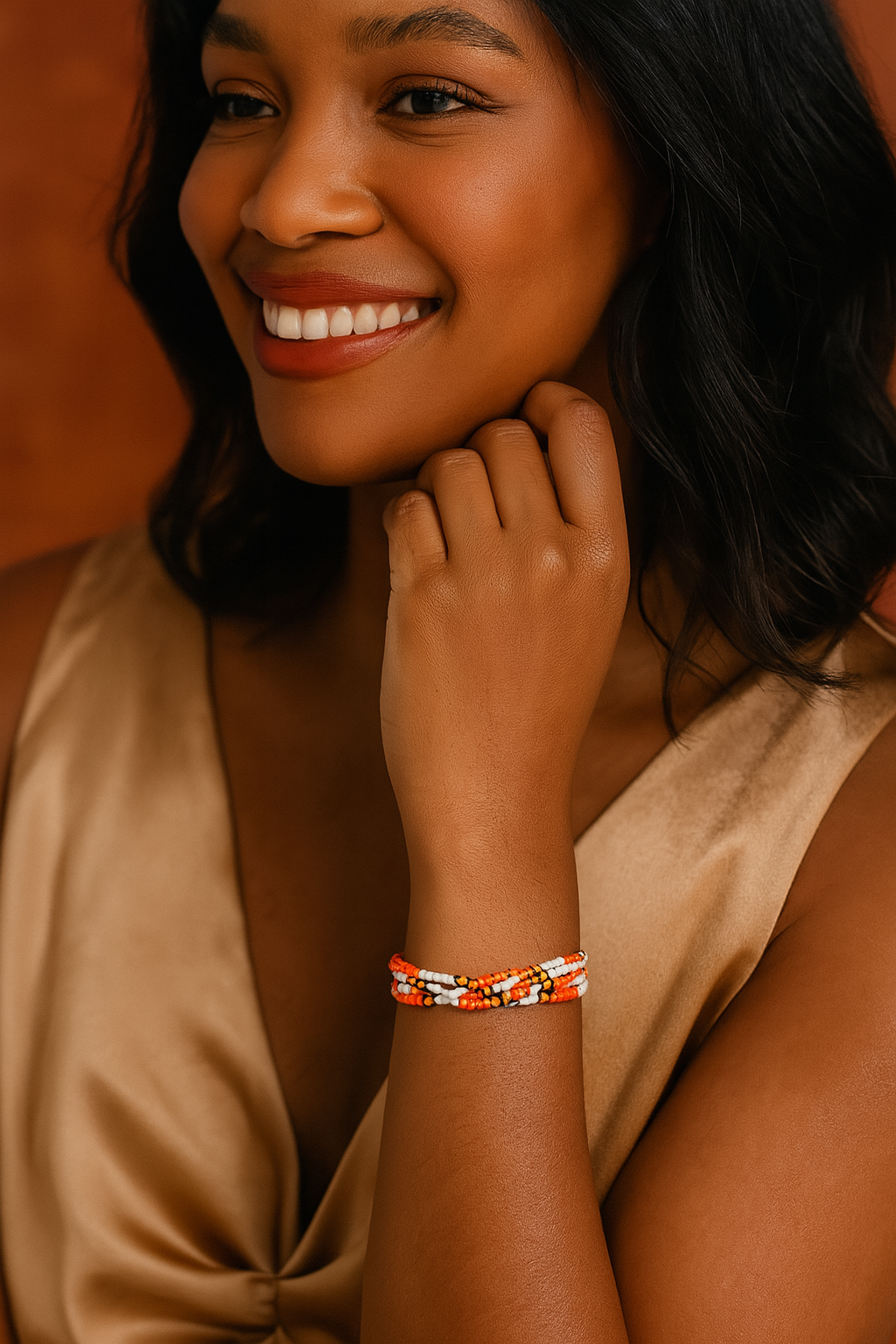 Harvest Joy Beaded Bracelet – Handmade White, Orange, Yellow & Black Seed Bead Jewelry
