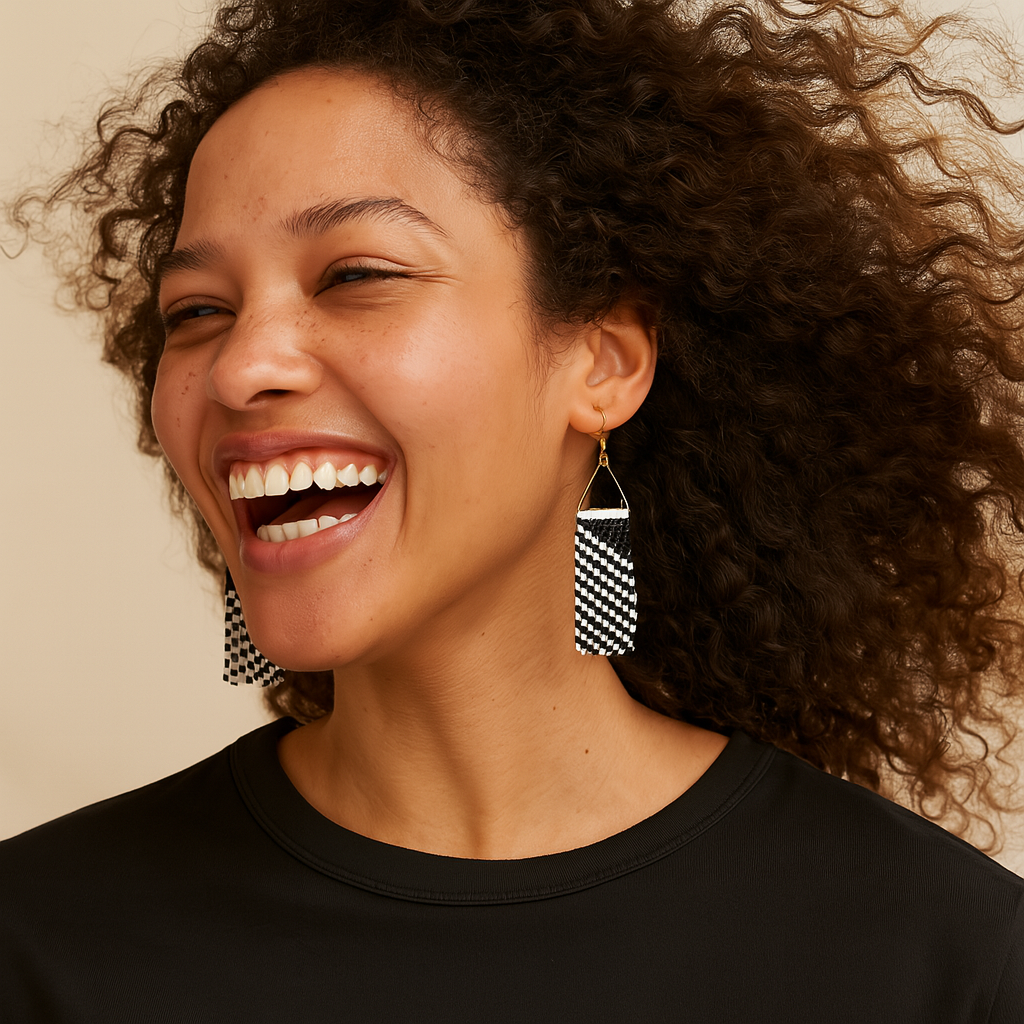 Monochrome Rhythm Fringe Earrings – Hand-Beaded Black & White Statement Dangles