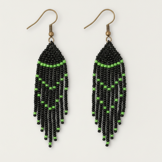 The Grove Earrings – Black & Emerald Beaded Chevron