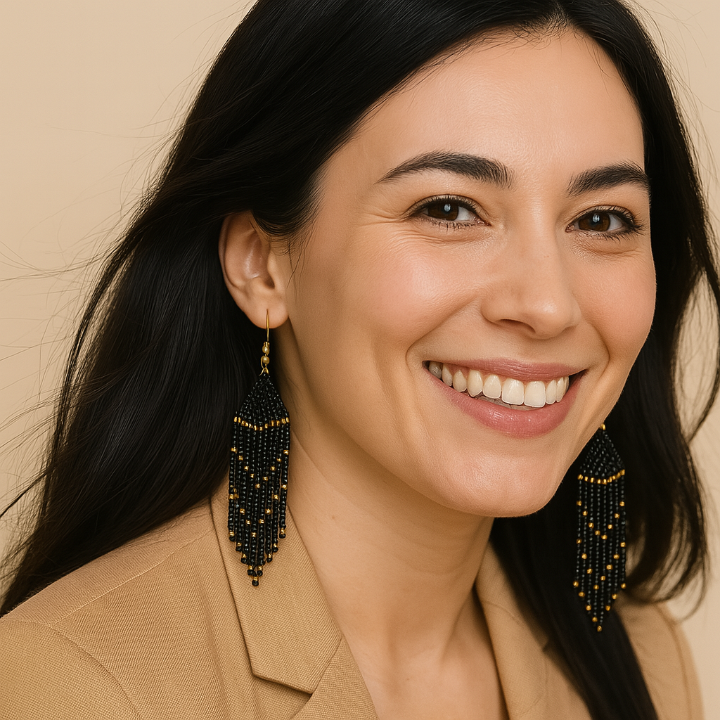 The Obsidian Earrings – Black & Gold Beaded Fringe