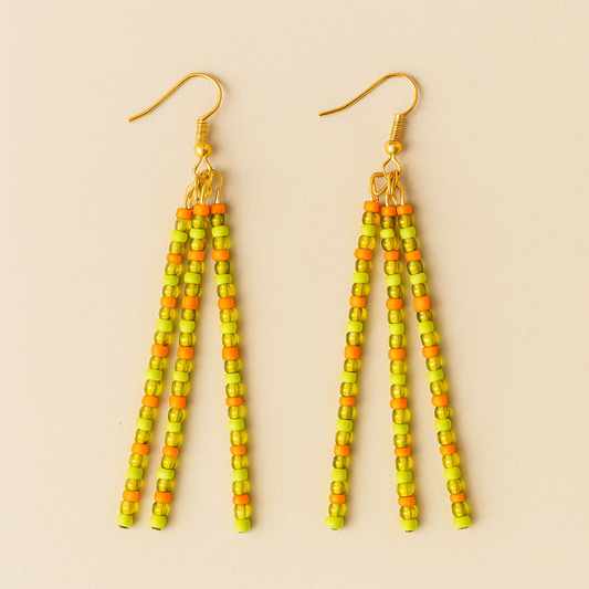 Tender Glow Beaded Earrings – Orange, Green & Luminous Long Dangle Earrings | Handmade, Lightweight, Hypoallergenic Gold Hooks