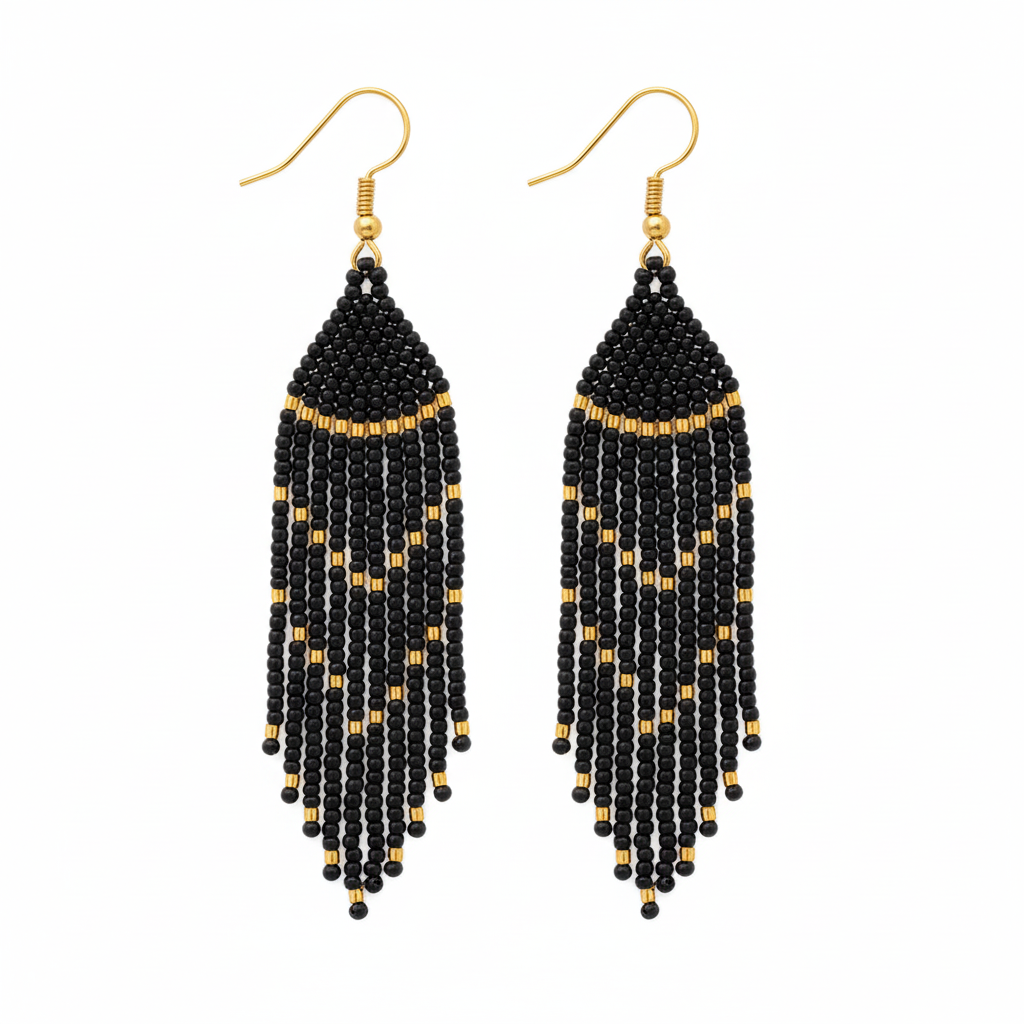 The Obsidian Earrings – Black & Gold Beaded Fringe
