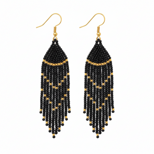 The Obsidian Earrings – Black & Gold Beaded Fringe