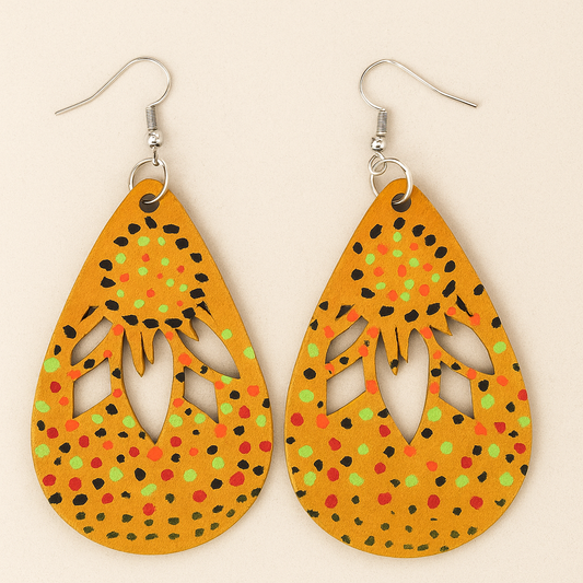 Golden Glow Teardrop Wood Earrings – Hand-Painted 3” Statement Earrings with Hypoallergenic Hooks