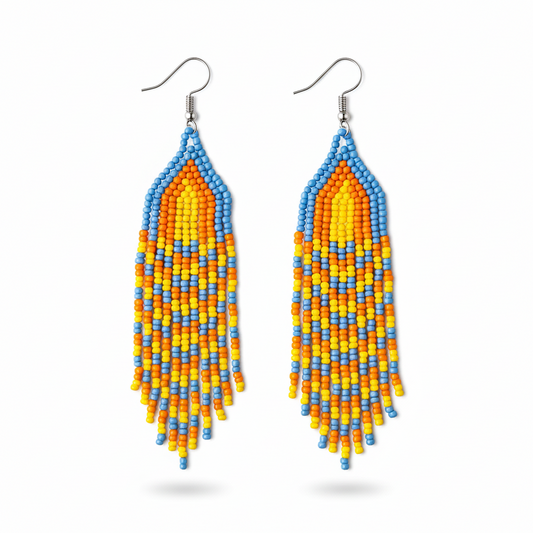 The Emberdrop Earrings – Teardrop Beaded Radiance in Flame & Sky