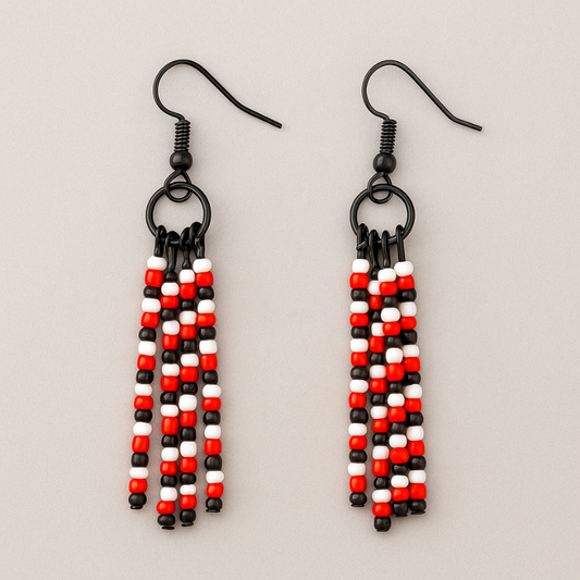 Suave Beaded Earrings – Black, Red & White | Handmade, Lightweight, Hypoallergenic Black Hooks