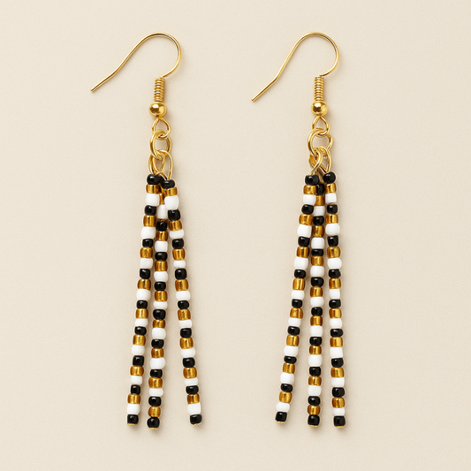 Golden Hour Beaded Earrings – Black, White & Gold | Handmade, Lightweight, Hypoallergenic Gold Hooks