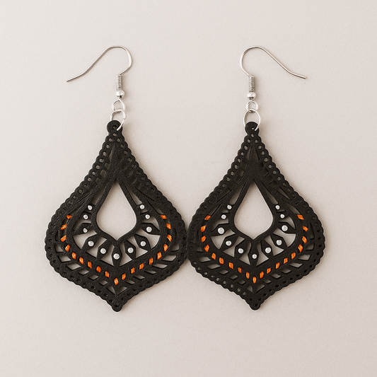 Midnight Ember Teardrop Wood Earrings –  with Orange & White Accents