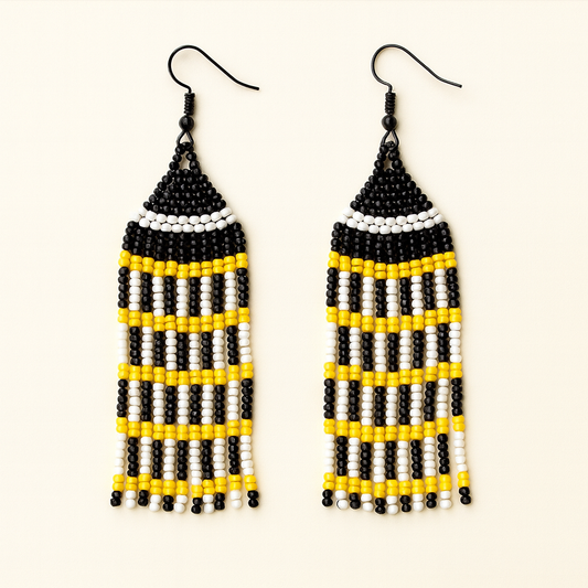 Dazzle Beaded Fringe Earrings – Bold Black, White & Yellow Statement Jewelry