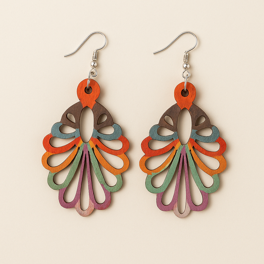 Levi Multicolor Fan Wood Earrings – Tribal Collection, Hypoallergenic Silver Hooks