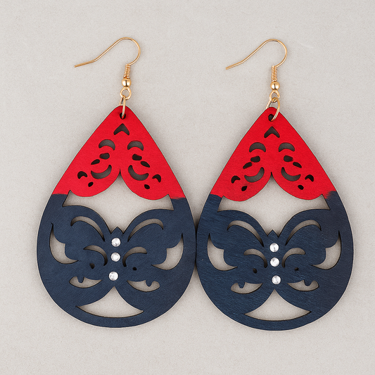 Midnight Bloom Teardrop Wood Earrings – Red & Navy 3” Statement Earrings with Rhinestones and Hypoallergenic Hooks