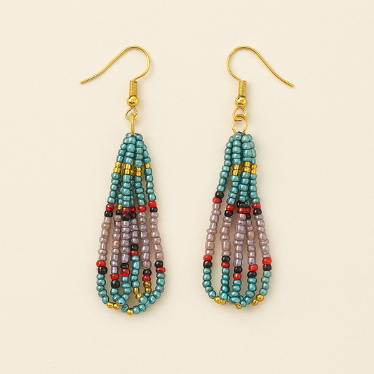 Zahara Earrings – Turquoise, Purple & Gold Teardrop Fringe from the Genesis Collection