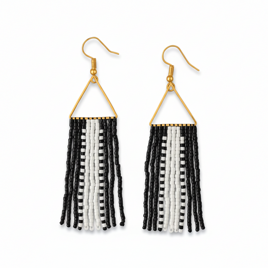 The Ascent Earrings – Black & White Beaded Geometry