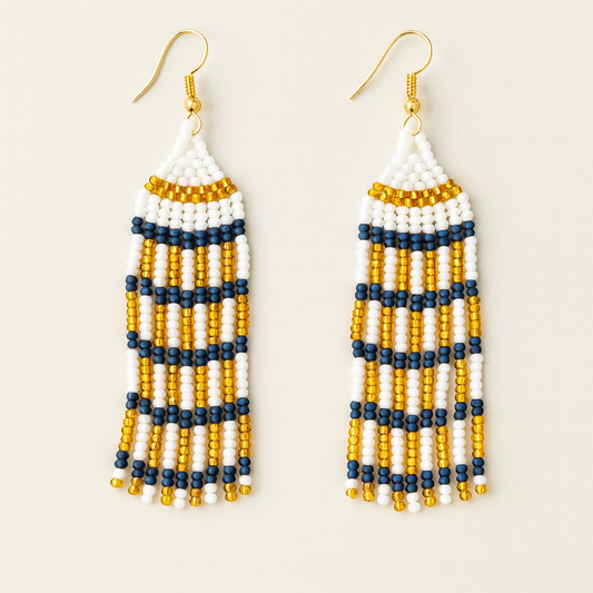 Aurora Beaded Fringe Earrings – White, Navy & Gold Statement Jewelry