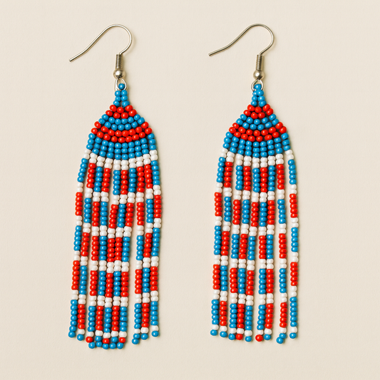 Volt Beaded Fringe Earrings – Red, Blue & White Statement Jewelry